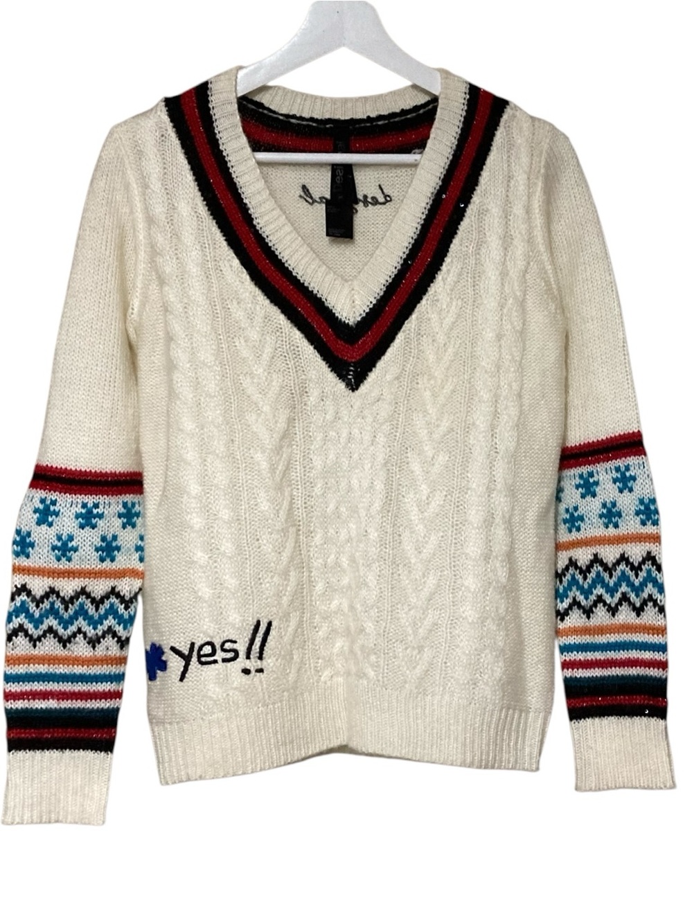 Desigual V-Neck Cable Knit Sweater – Size M